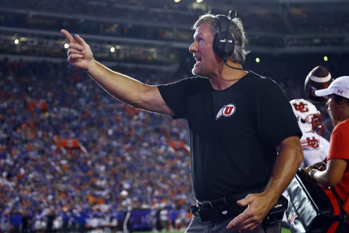 Utah Utes head coach Kyle Whittingham reacts during the second half against the Florida Gators at Steve Spurrier-Florida Field.
